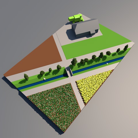 Asphaltierte Wirtschaftswege begleiten den begradigten Bachlauf, in den verrohrte Drainagen entwässern.